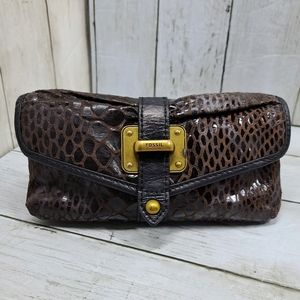Fossil Sm/Med Snap Front Leather Snake Embossed Brown MultiPocket Wallet